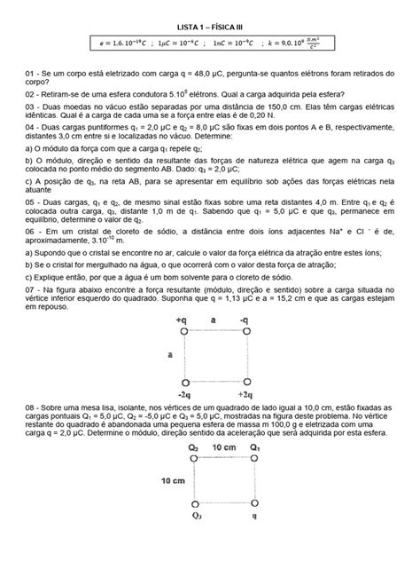 Carga Eletrica Exercicios - Exercícios de Física III: Cargas Elétricas | PDF | Carga elétrica | Massa