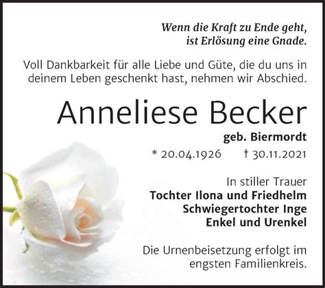 Traueranzeigen Von Anneliese Becker Abschied Nehmen De