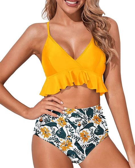 Tempt Me Women Yellow Two Piece Swimsuits High Waisted Bikini Set Ruffle Flounce Tummy Control