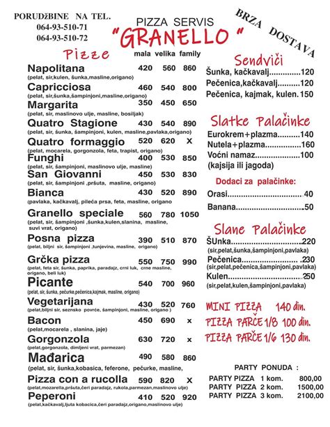 Menu At Pizza Servis GRANELLO Restaurant Sremska Mitrovica