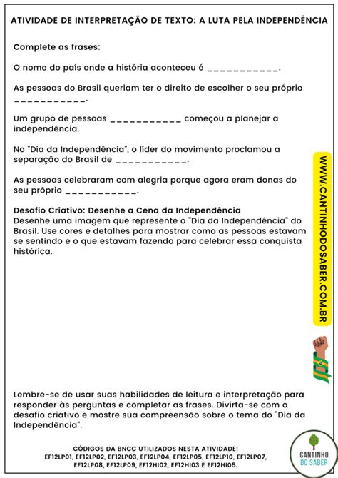 Texto Independencia Do Brasil 2 Ano - INTERPRETAÇÃO DE TEXTO: DIA DA INDEPENDÊNCIA DO BRASIL - 2º ANO