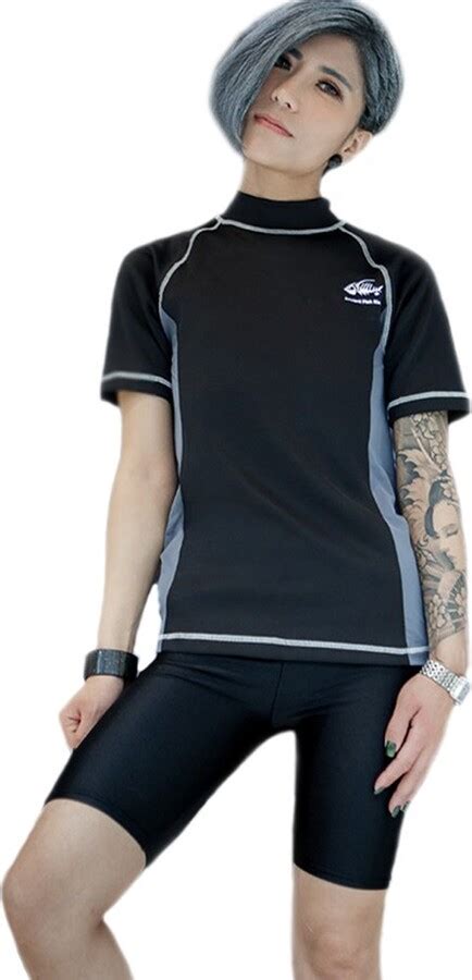 Baronhong Women Lesbian Tomboy Zip Up Chest Binder Quick Drying Swimwear Set Top Swimming Pants