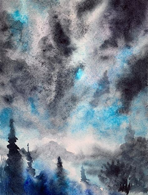 Abstract Winter Landscape with Clouds and Trees Watercolour ...