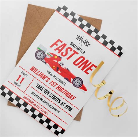 Editable Fast One Race Car 1st Birthday Invitation Race Car Fast One