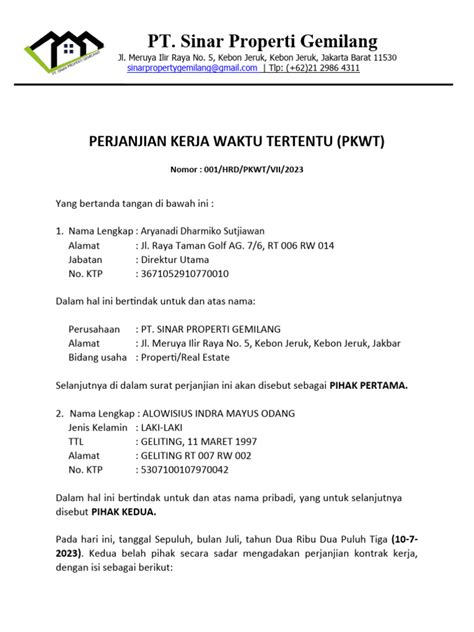 perjanjian kerja pkwt pt sinar properti  hukum