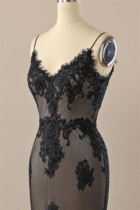 Zapakasa Womens Black V Neck Beaded Spaghetti Straps Prom Formal Party