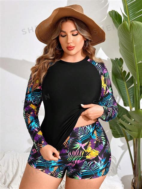 SHEIN SHEIN Swim Curve Plus Size Raglan Langarmoberteil Mit Tropischem Print Und Bikini Set Mit