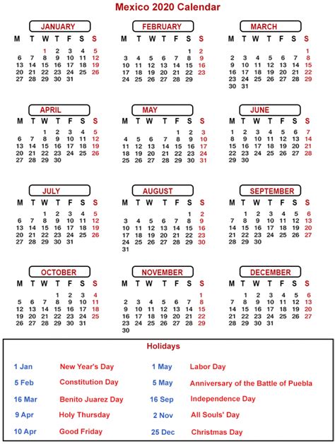 Free 2020 Mexico Printable Calendar With Public Holidays