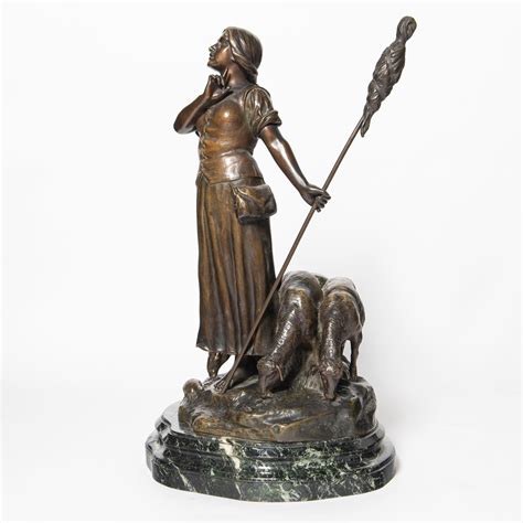 Cast Bronze and Marble Shepherdess with Sheep Sculpture Signed D