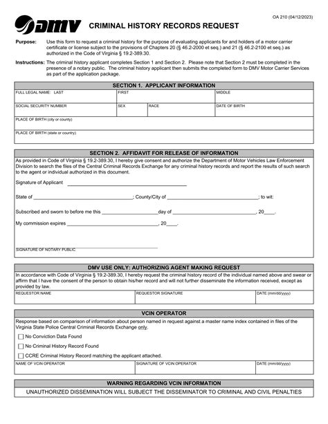 Form OA 210. Criminal History Records Request - Virginia – Document