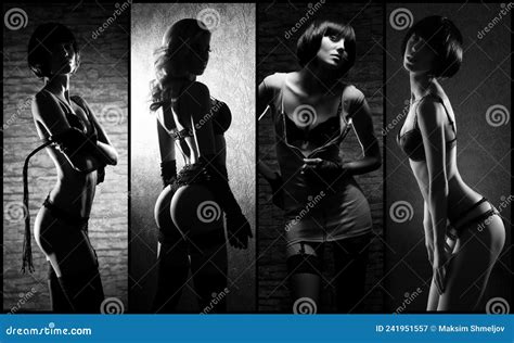 Beautiful Women Posing In Underwear Black And White Lingerie Collage Stock Image Image Of