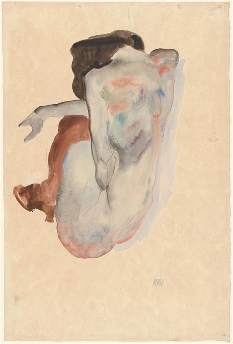 Crouching Nude In Shoes And Black Stockings Back View Egon Schiele