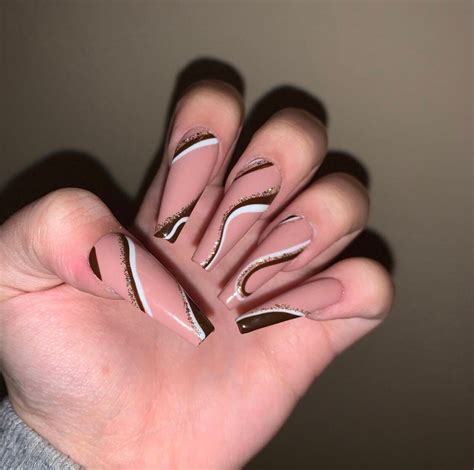 Nude Abstract Nail Design White Gold And Brown Lines Coffin Nails False Nails Glue On Nails