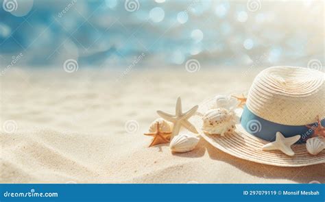 Beach Babe Essentials Straw Hat Sunglasses And Sea Shells On A Stunning Summer Day Stock