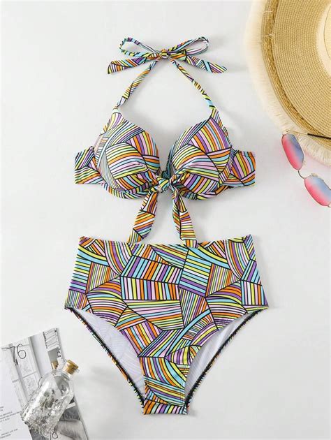 Shein Swim Vcay Striped Geometric Pattern Push Up Halther Bikini Top