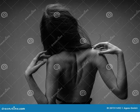Black And White Photography Portrait Of Woman With Naked Back Cropped View And Close Up Stock