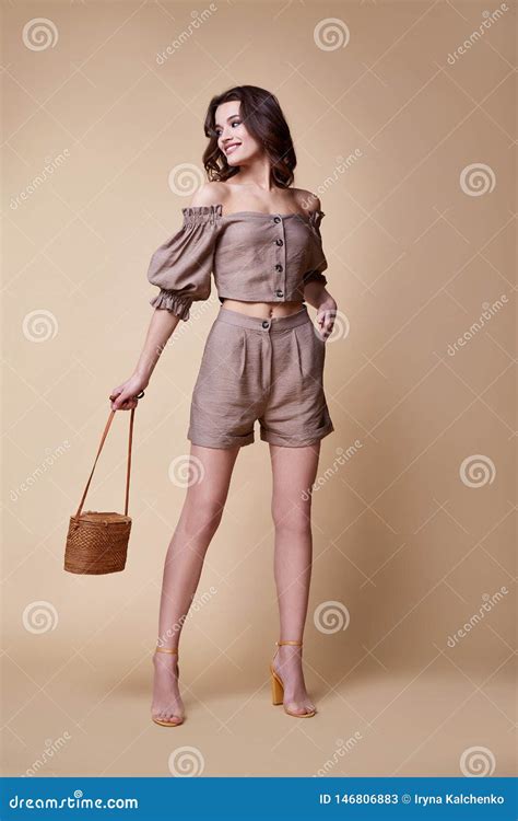 Beautiful Woman Fashion Glamour Model Brunette Hair Makeup Wear Blouse Trousers Skinny Shorts