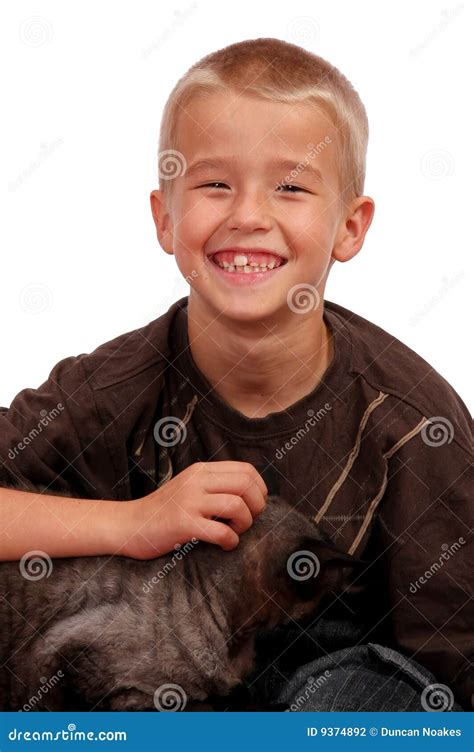 Smiling Boy And Cat Stock Photo Image Of Lifestyle Handsome 9374892