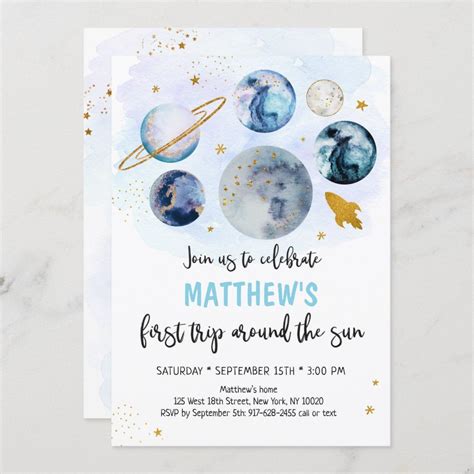 Blue Galaxy First Trip Around The Sun Birthday Invitation Zazzle Artofit