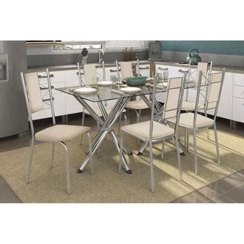 Conjunto Mesa De Cozinha Volga C Tampo De Vidro 150cm 6 Cadeiras Lisboa Cromada Nude