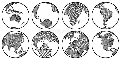 Hand Drawing of Eight Globe Earth Sketch Isolated on White Background ...