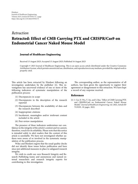 PDF Retracted Effect Of CMB Carrying PTX And CRISPR Cas On Endometrial Cancer Naked Mouse Model