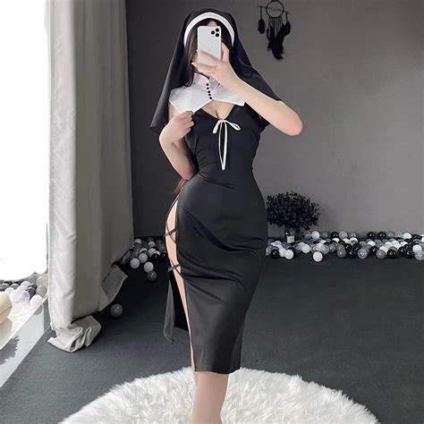 Sexy Lingerie Cosplay Costume Nun Dress Uniform High Slit Skirt Outfit Suit Set Nigh Club Stage