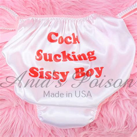 Anias Sissy White Satin String Bikini Naughty Sissy Boy Text Shiny Wetlook Mens Panties Sz XL