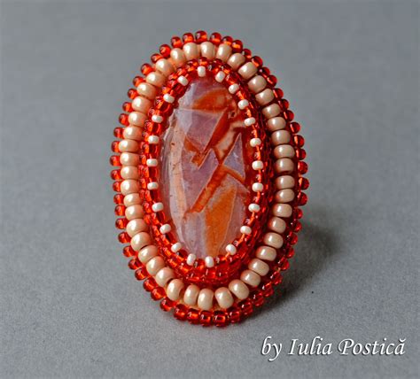 Bead Embroidered Ring With Natural Stone Beaded Gemstone Rings