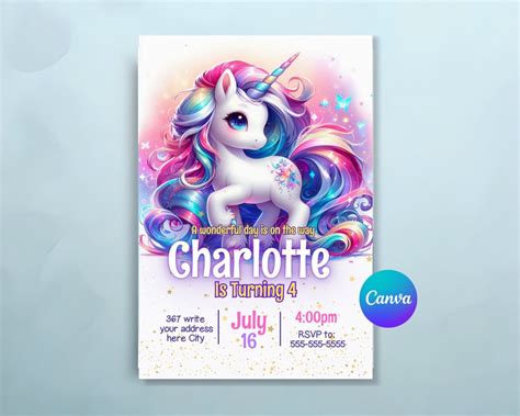 Unicorn Birthday Invitation Card For Girls With Thank You Card Included