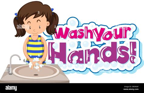 Phrase Design For Wash Your Hands With Girl Washing Hands Illustration