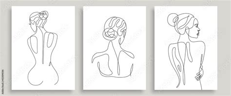 Naked Woman Back Line Art Drawing Black Sketch Isolated On White Background Prints Set Female