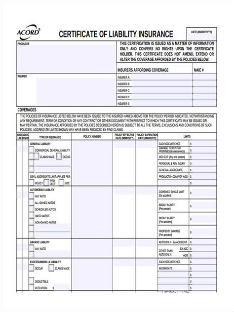 Certificate Of Liability Insurance Template Sampletemplate My Id