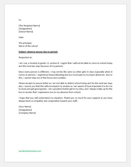 period excuse letter  school word excel templates