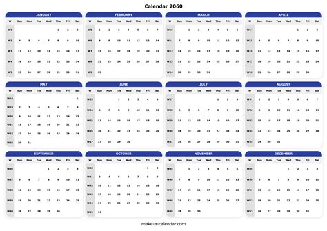 2060 Calendar Free Yearly Printable