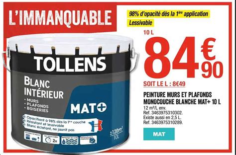 Offre Peinture Murs Et Plafonds Monocouche Blanc Mat 10 L Tollens Chez