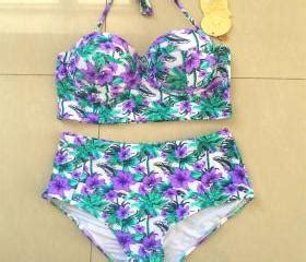 Women High Waist Purple Flower Pattern Swimswear Swimsuit Bikini On Luulla