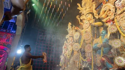 Hindu Purohit Worshipping Goddess Durga With Sari Traditional Hindu