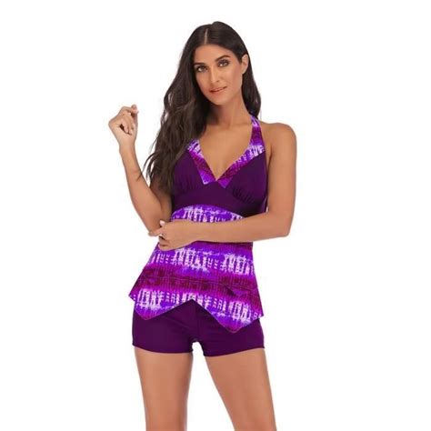 Maillot de Bain avec Jupette Femme Dos nu Bandage Bikini Halterneck Couleur dégradée Violet