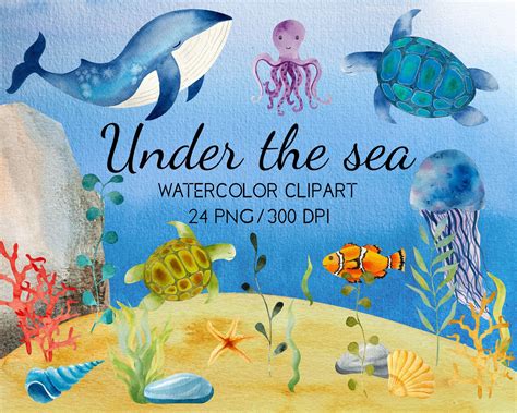 Watercolor Ocean Clipart Sea Creatures Turtle Clipart Whale Clipart