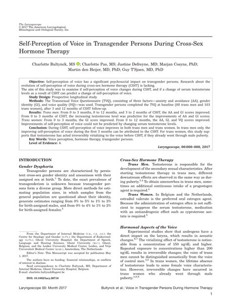 PDF Self Perception Of Voice In Transgender Persons During Cross Sex Hormone Therapy Voice In