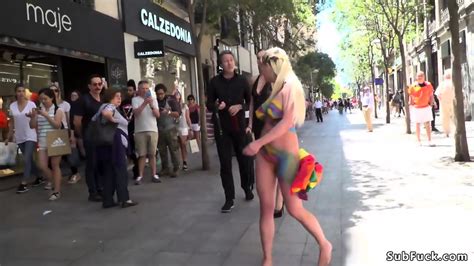 Naked Body Painted Blonde In Public