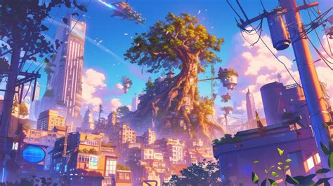 K Hd Wallpaper Ghibli Inspired Anime City At Golden Hour