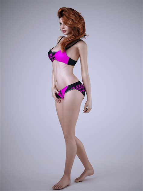 Realistic Redhead Woman Wearing Sexy Lingerie 3 Poses 3D Model