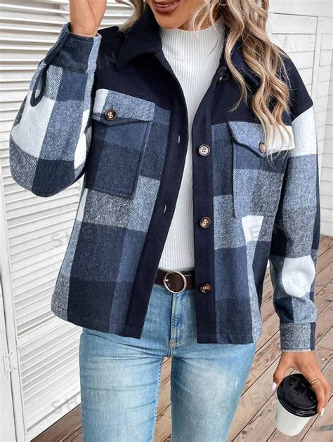 Shein Lune Buffalo Plaid Print Drop Shoulder Flap Pocket Overcoat