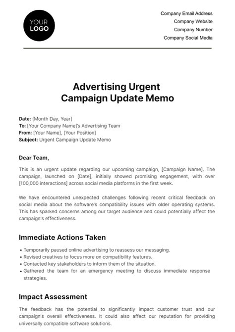 Free Advertising Urgent Campaign Update Memo Template to Edit Online