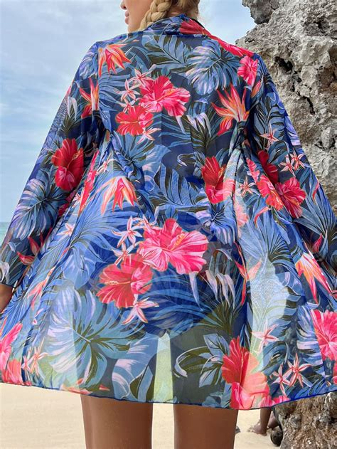 Conjunto de bikini halter de triángulo con estampado tropical de verano para playa y kimono