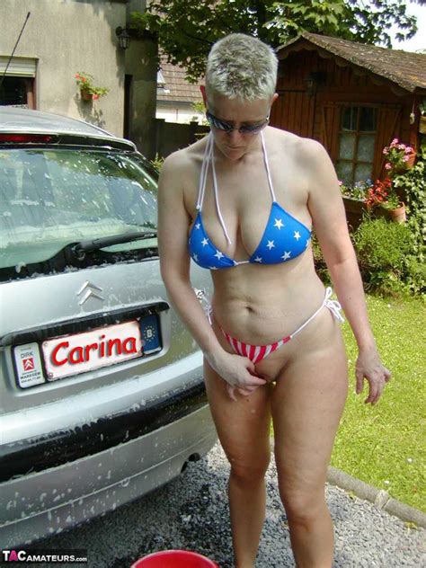 Older Blonde Tiffany Pearl Washes Her Car While Wearing A Bikini CoedCherry