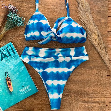 Biquini Hot Pants Amarrar Cintura Alta Moda Praia Luxo Blogueira Tiedye Azul Estampado P Ao Gg