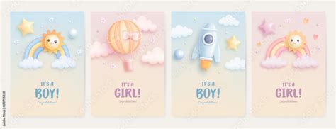 Set Of Baby Shower Invitation Template With Cartoon Rocket Hot Air Balloon And Rainbow On